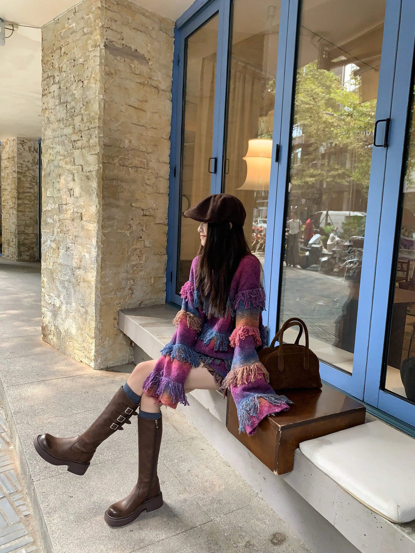 Cowhide Leather Knee-High Riding Boots — Women’s Warm Winter Heels with Belt Buckle - Ghoddosh