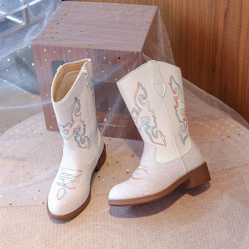 Kids Embroidered Western Cowboy Boots – Unisex Tall Pull-On Cowgirl Boots for Boys and Girls @ ghoddosh.com