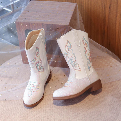 Kids Embroidered Western Cowboy Boots – Unisex Tall Pull-On Cowgirl Boots for Boys and Girls @ ghoddosh.com