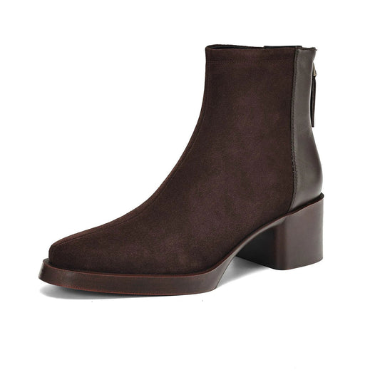 Premium Equestrian Suede Ankle Boots — Plus Sizes 34–43, Square Toe Mid Heels, Warm Winter Comfort - Ghoddosh