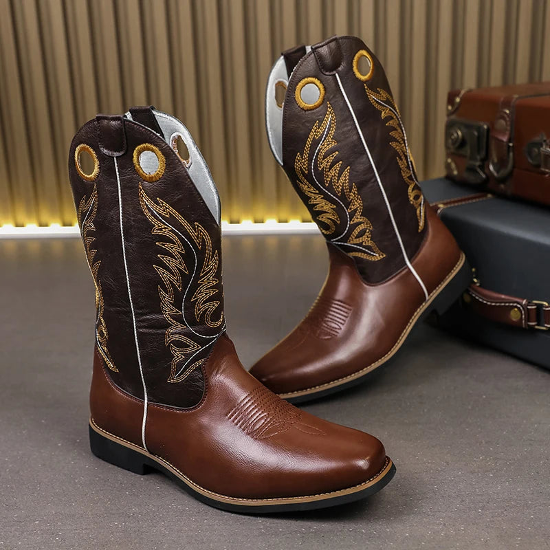 Men’s Knight High-Top  , Square Heels Embroidered Western Cowboy Boots - Ghoddosh