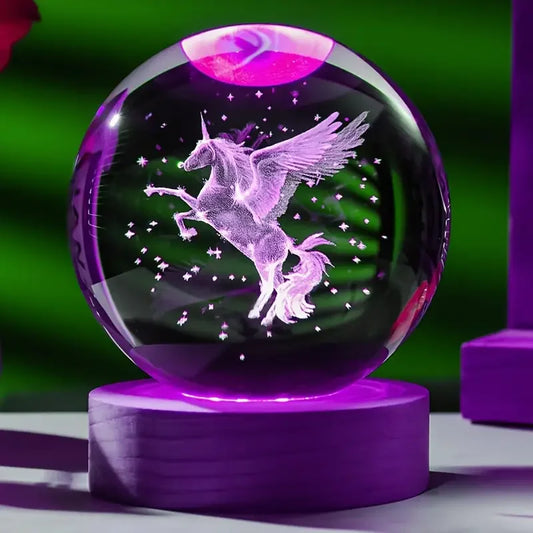 Unicorn 3D Laser Carved Crystal Ball, beautifully illuminated by a wooden-colored LED lamp holder - Ghoddosh