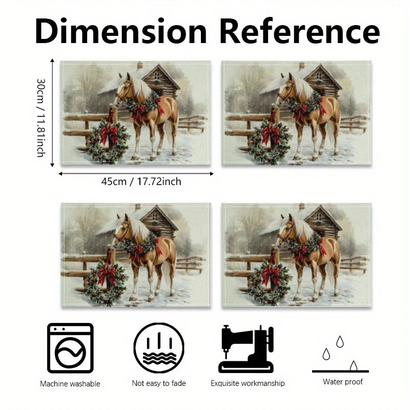 4-piece Christmas horse print placemat set - Non slip table mat for dining tables @ ghoddosh.com