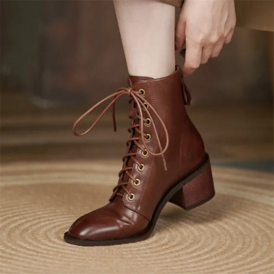 New  Split Leather Women  Round Toe  Chunky Heels Boots - Ghoddosh