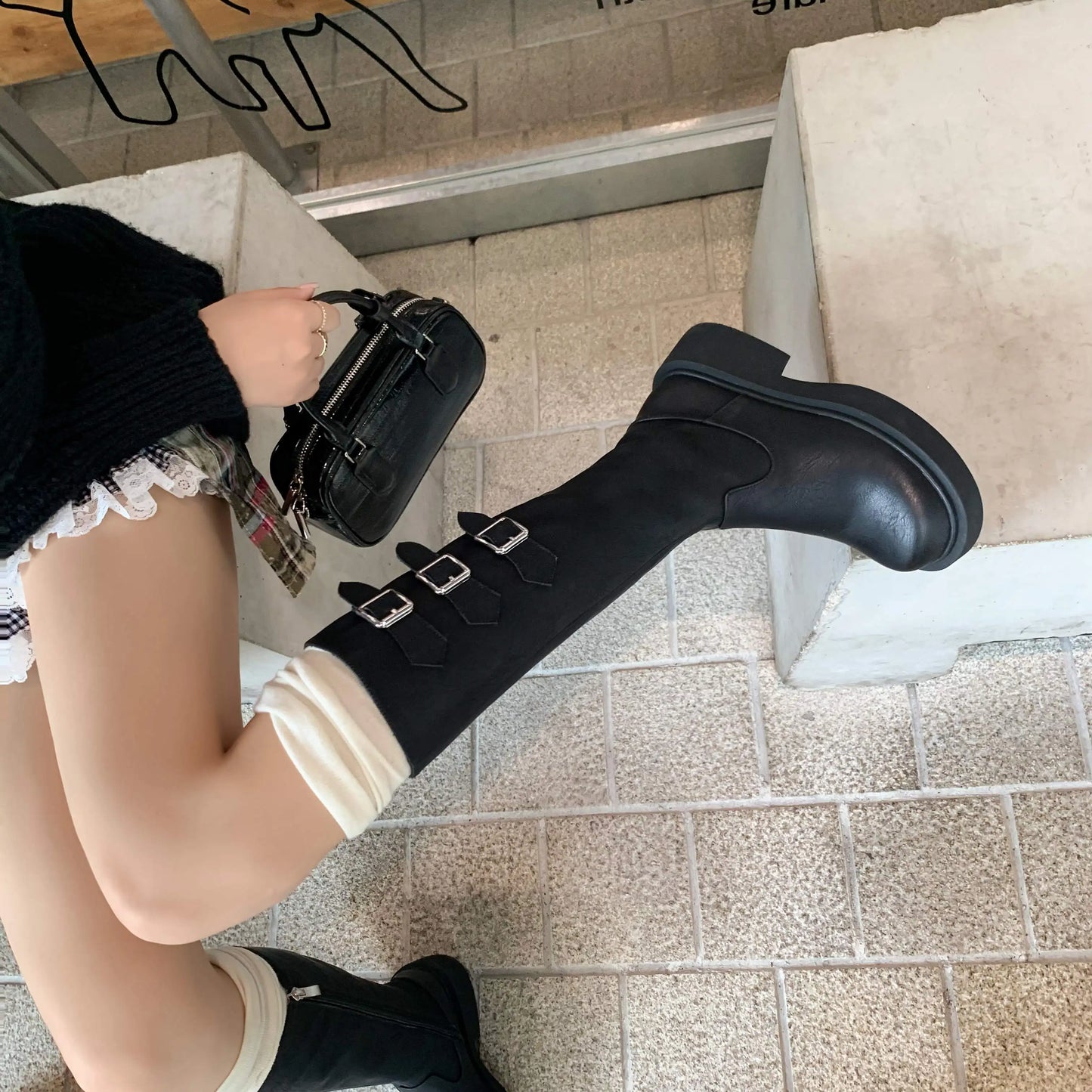 Cowhide Leather Knee-High Riding Boots — Women’s Warm Winter Heels with Belt Buckle - Ghoddosh