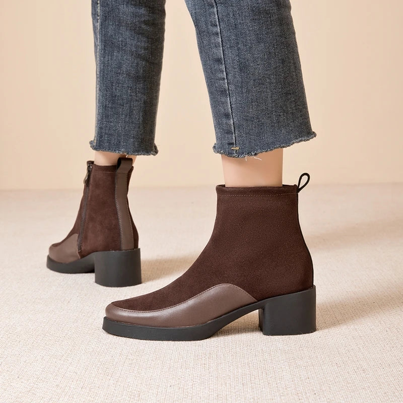 Women Ankle Boots -  Genuine Leather  Square Heels Women Booties - ghoddosh.com