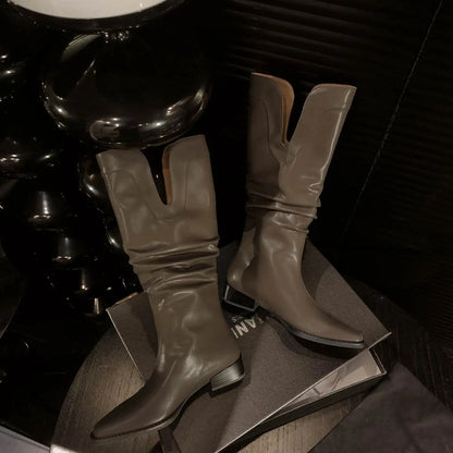 2026 New Cow Leather Round Toe Low Heels Winter Warm Riding Knee Boots  - ghoddosh.com