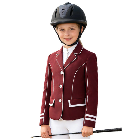 Child wearing a maroon equestrian jacket with white trim on a white background @ghoddosh.com