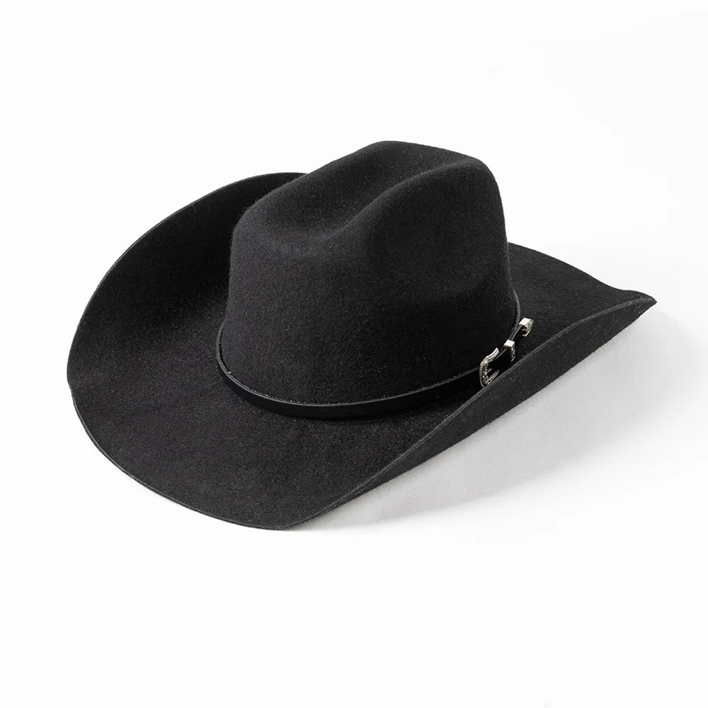 Unisex 100% Wool Cowboy Fedora Hat – Wide Brim Rolled Edge with Belt Buckle @ ghoddosh.com
