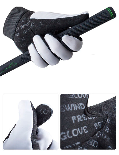 Close-up of a black and white golf glove holding a golf club on a white background. Ghoddosh 
