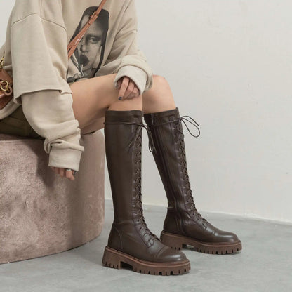 Genuine Leather Round Toe High Heel Riding Boots / Cross-tied Vintage Gladiator Lady Casual Platform Knee-high Boots .Ghoddosh

