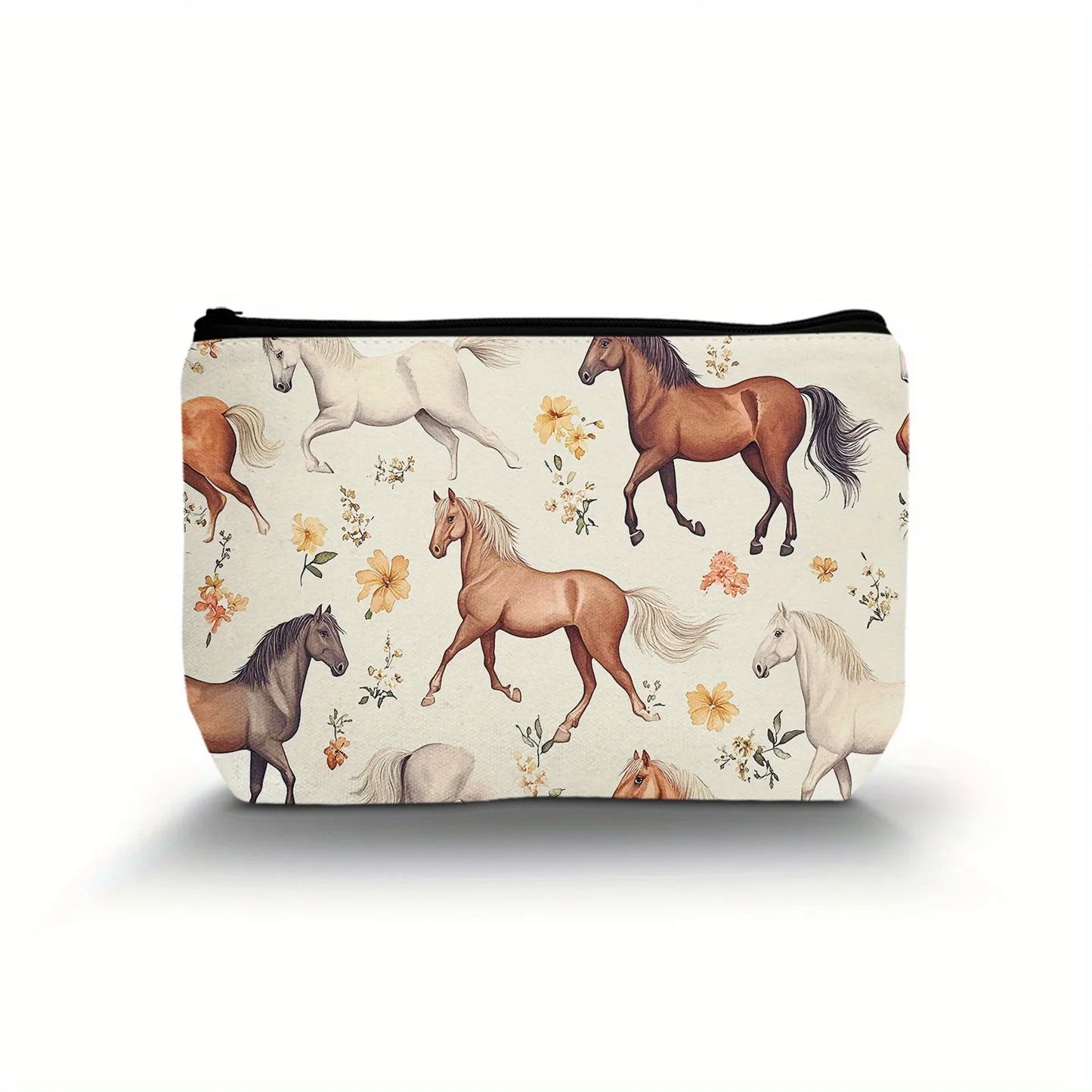 Western Makeup Bag  with Horses and Flowers pattern , Thrive Beautifully on A Saddle with This piece of Art @ ghoddosh.com
