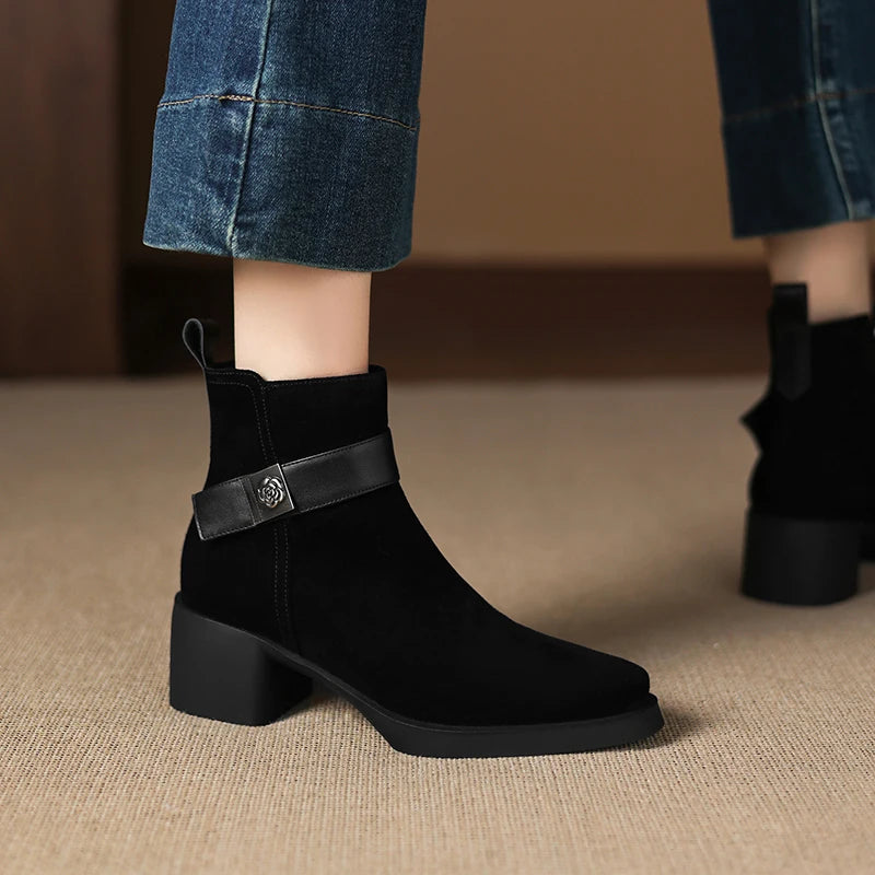 New  Women Genuine Leather  Chelsea Boots - Square  Heels Short Ankle Boots - ghoddosh.com
