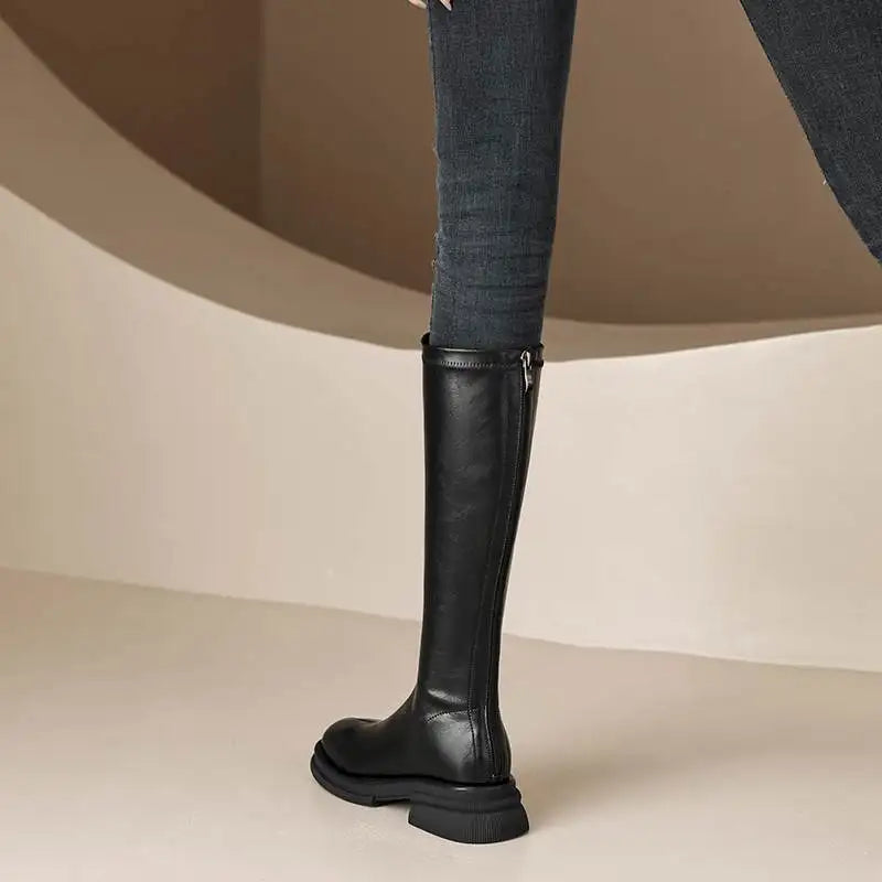 Cow Leather Round Toe Winter Warm Riding Boots / Thick Heels Gladiator Back Zipper Platform Knee Boots
GHODDOSH
