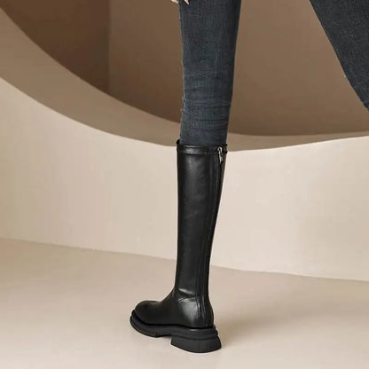 Cow Leather Round Toe Winter Warm Riding Boots / Thick Heels Gladiator Back Zipper Platform Knee Boots
GHODDOSH

