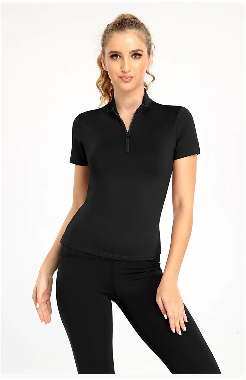 Active Crop Top Sports Women riding Short Sleeve Quarter Zipper
