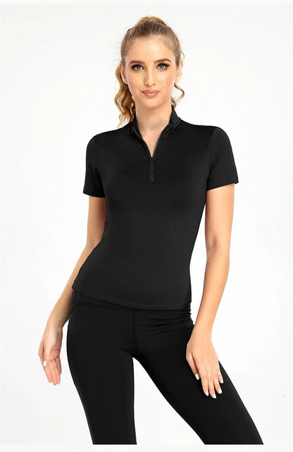 Active Crop Top Sports Women riding Short Sleeve Quarter Zipper
