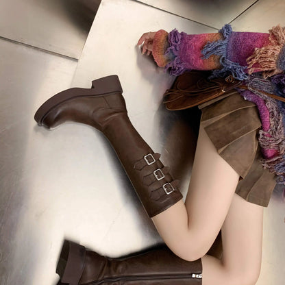 Cowhide Leather Knee-High Riding Boots — Women’s Warm Winter Heels with Belt Buckle - Ghoddosh