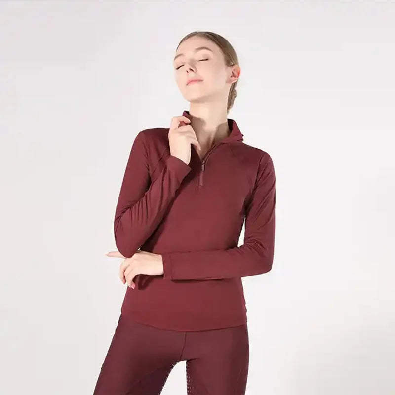 Burgundy Horse Riding T-Shirt / Women Soft Equestrian Long Sleeve Tops / Available in colors - Ghoddosh.com