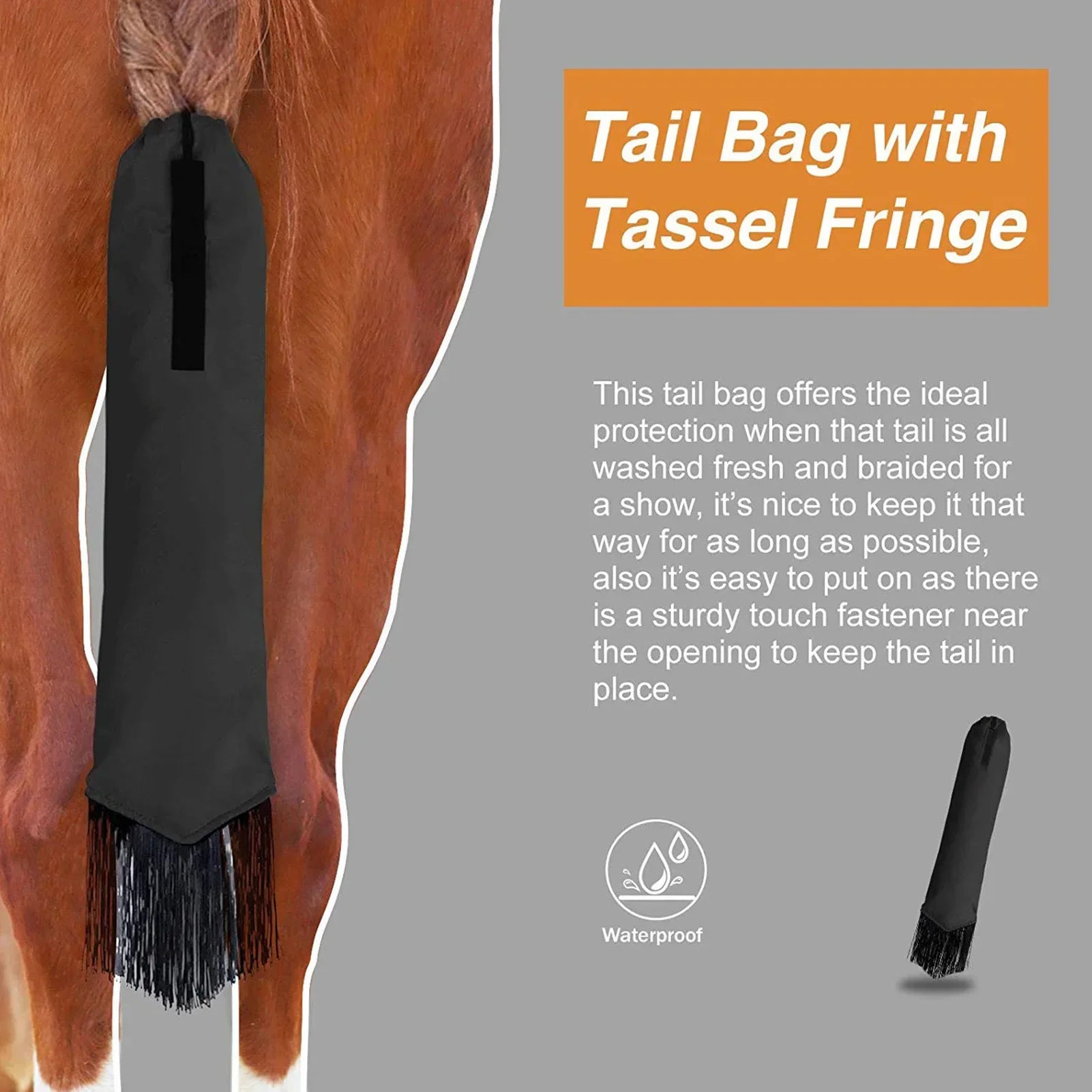 A Colored horse tail bag attached to a horse's tail, with  fringes. Ghoddosh