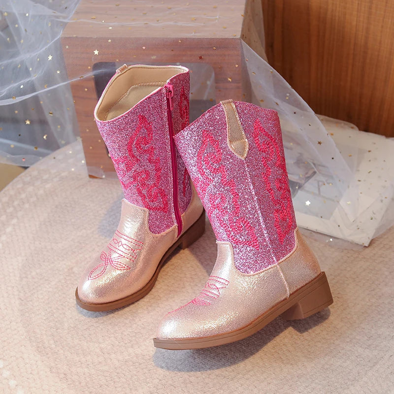 Kids Embroidered Western Cowboy Boots – Unisex Tall Pull-On Cowgirl Boots for Boys and Girls @ ghoddosh.com