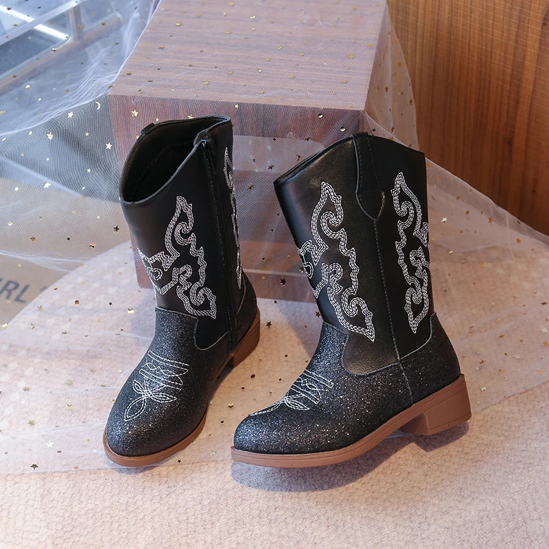 Kids Embroidered Western Cowboy Boots – Unisex Tall Pull-On Cowgirl Boots for Boys and Girls @ ghoddosh.com