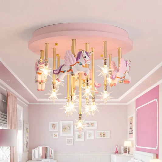 36W Cute Resin Horse Kids Ceiling Lamp - Pink/Blue LED Princess Bedroom Light for Children @ ghoddosh.com