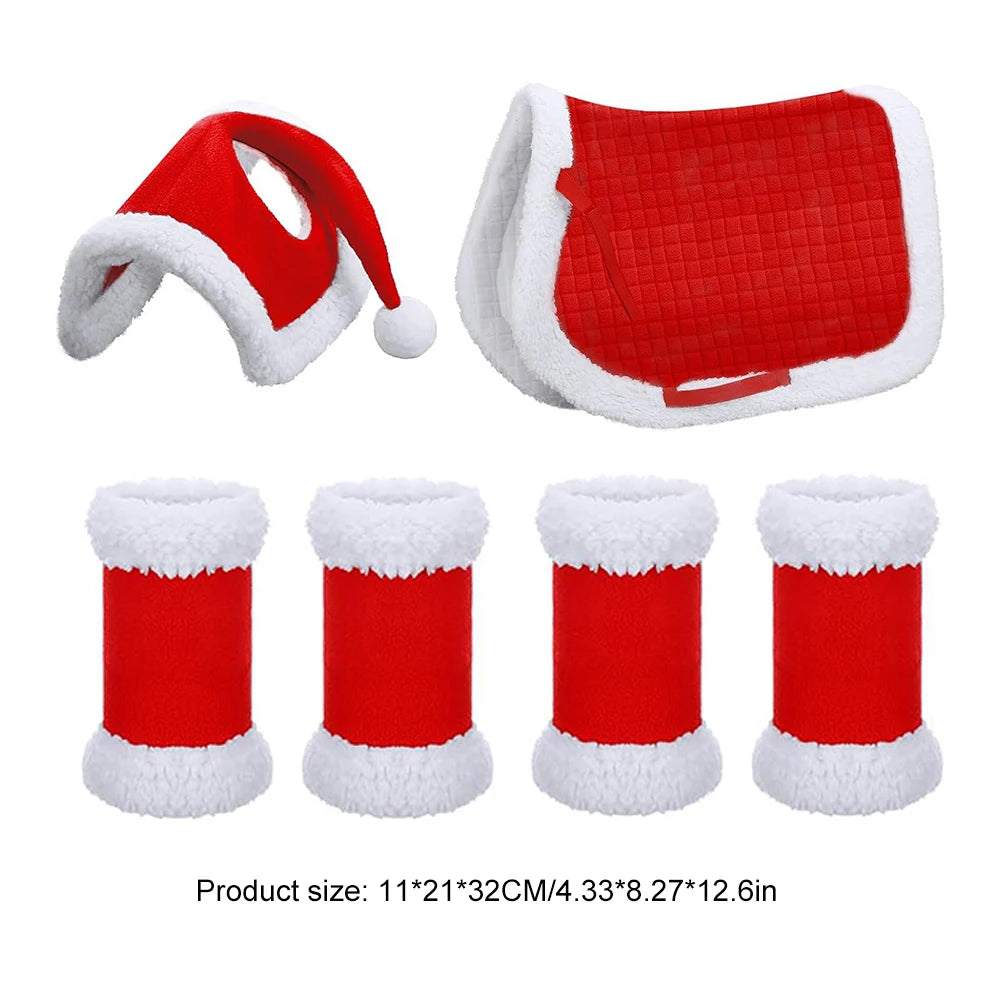 6Pcs Christmas Santa Horse Leg Wraps - Horse  Hat , Saddle Pad with Faux Fur  & Leg Wraps