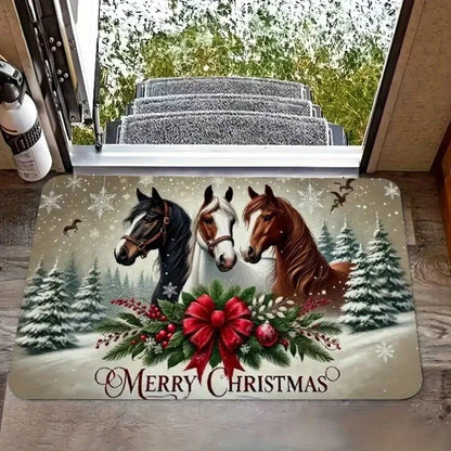 Christmas Horse Flower Pattern Floor Mat,  Non-Slip & Dirt-Proof Warm Carpet @ghoddosh.com