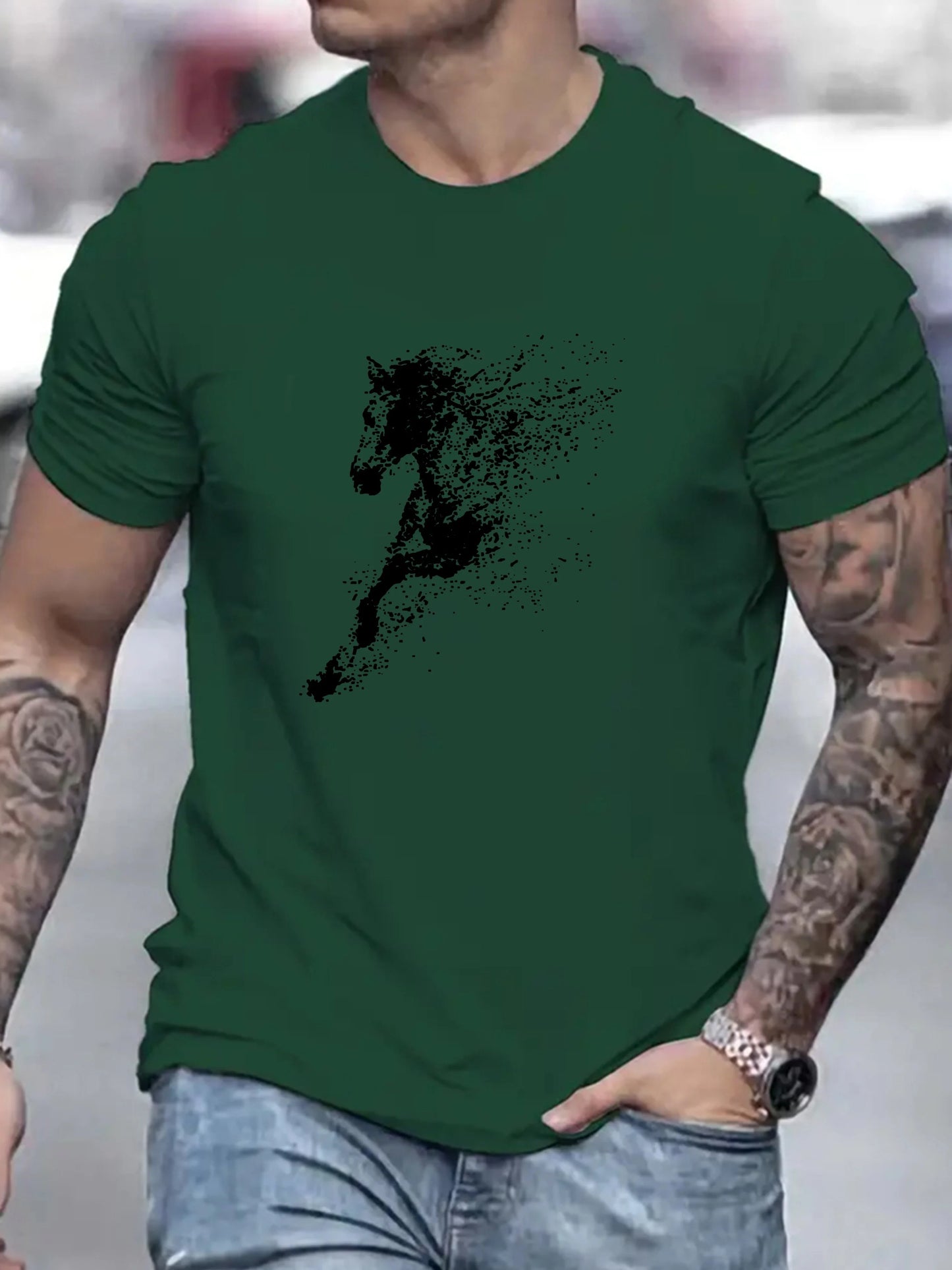 Men's Cotton Fashionable Casual Loose Large Black Horse Printed Pattern Short Sleeve T-shirt - Ghoddosh