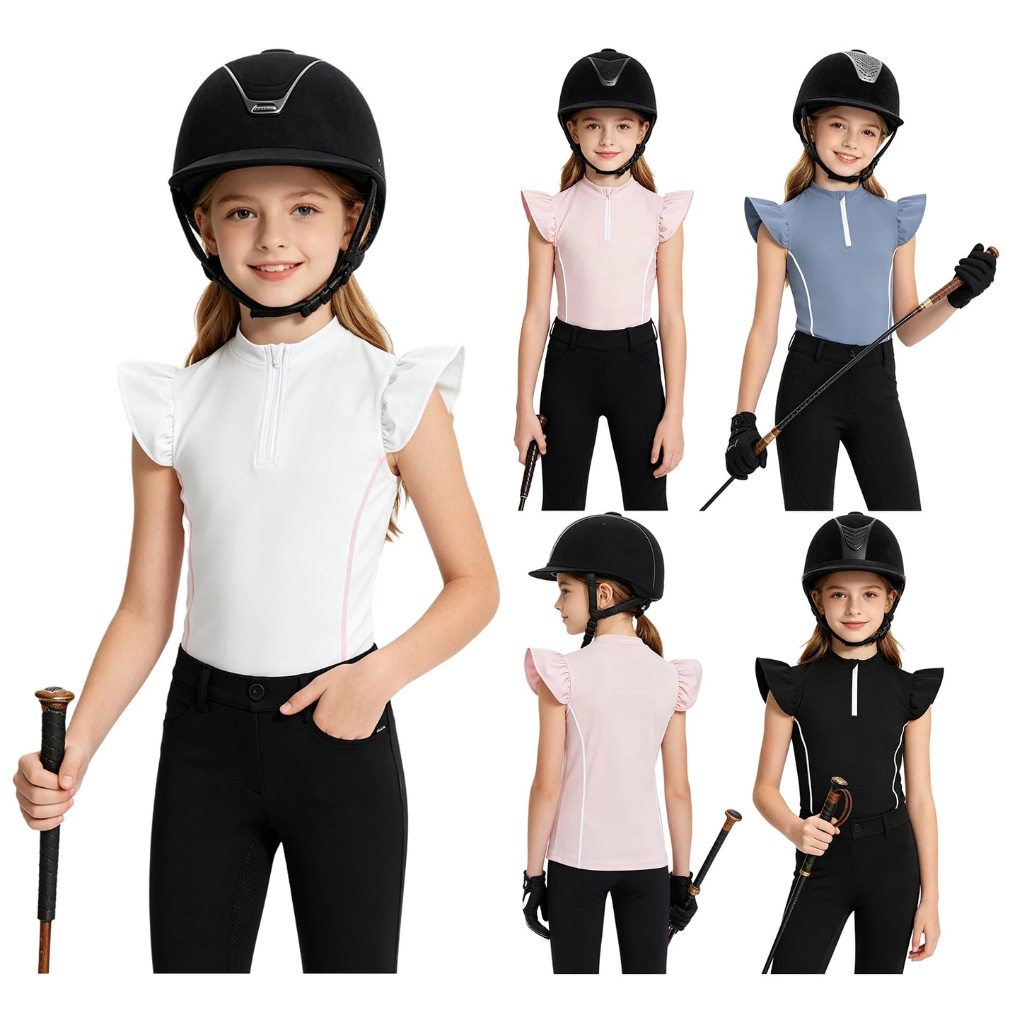 Girls Equestrian Quarter-Zip  Shirt | Kids Ruffled Sleeve Quick-Dry Horse Riding Top @ ghoddosh.com