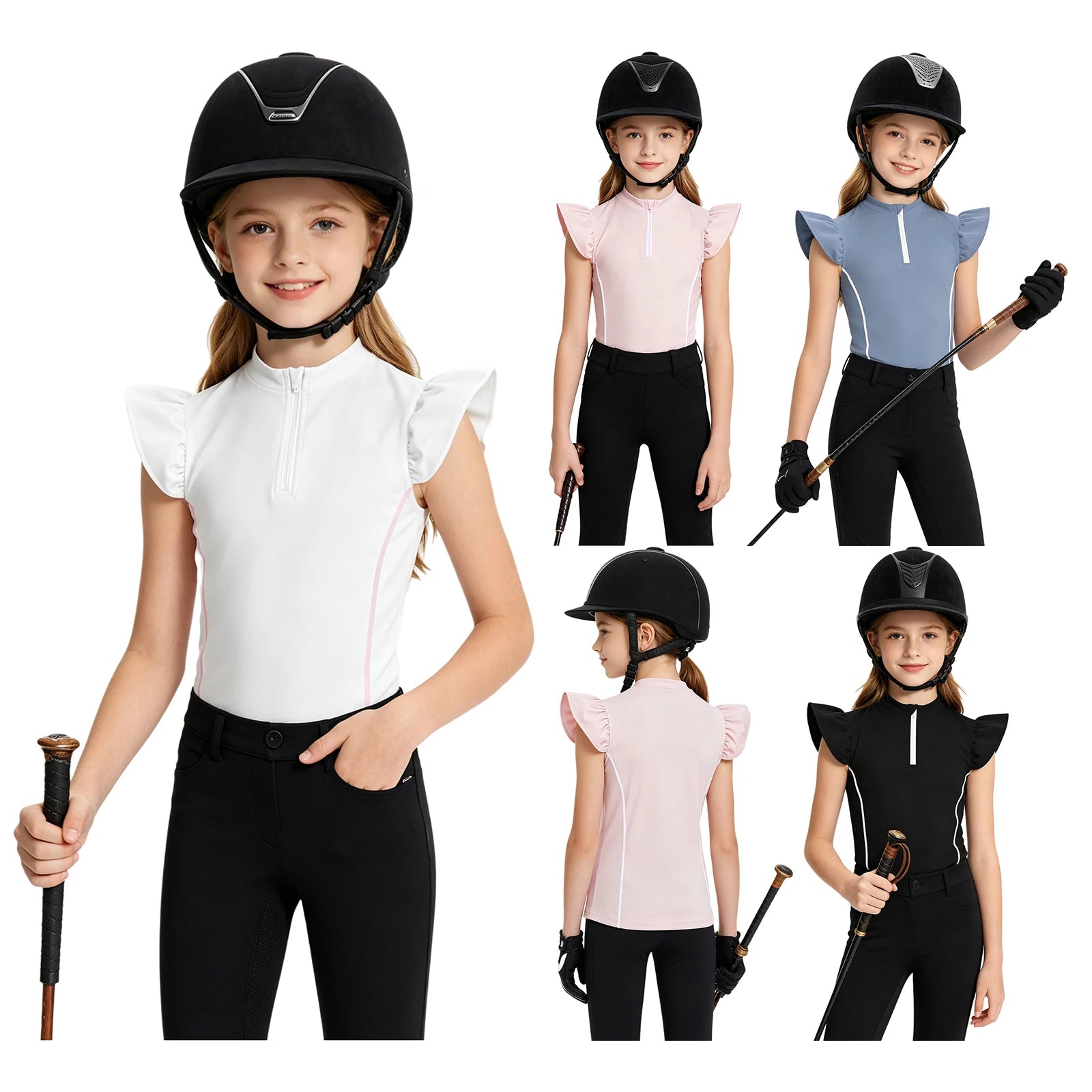 Girls Equestrian Quarter-Zip  Shirt | Kids Ruffled Sleeve Quick-Dry Horse Riding Top @ ghoddosh.com