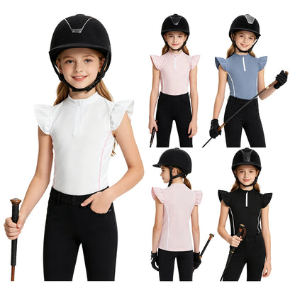 Girls Equestrian Quarter-Zip  Shirt | Kids Ruffled Sleeve Quick-Dry Horse Riding Top @ ghoddosh.com