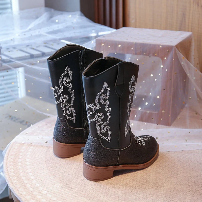 Kids Embroidered Western Cowboy Boots – Unisex Tall Pull-On Cowgirl Boots for Boys and Girls @ ghoddosh.com