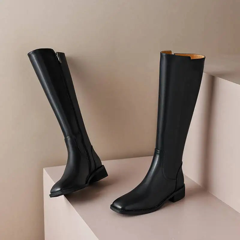 Cow Leather Square Toe Thick Med Heels  Equestrian Boots - ghoddosh.com
