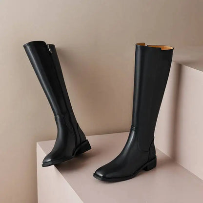 Cow Leather Square Toe Thick Med Heels  Equestrian Boots - ghoddosh.com
