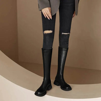 Cow Leather Round Toe Winter Warm Riding Boots / Thick Heels Gladiator Back Zipper Platform Knee Boots
GHODDOSH

