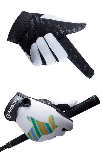 Pair of gloves with black and white design on one glove, and colorful pattern on the other, on a white background. Ghoddosh 