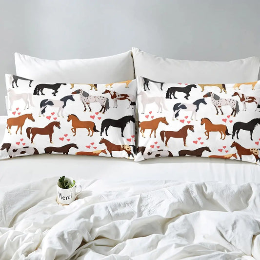 Horse Fitted Sheets ,Twin Size  Cute Horse  Bedding Set  with Pink Love Hearts Décor @ ghoddosh.com