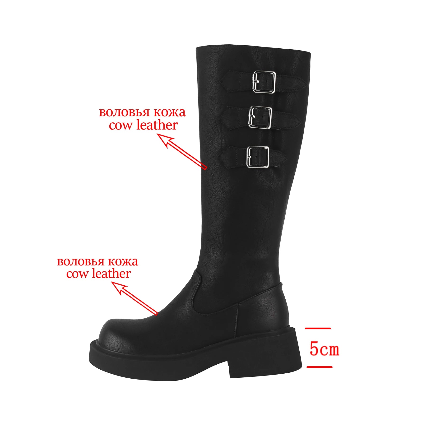 Cowhide Leather Knee-High Riding Boots — Women’s Warm Winter Heels with Belt Buckle - Ghoddosh