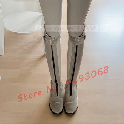 Women's Chunky Med Heel Cow Leather Thigh High Riding Boots