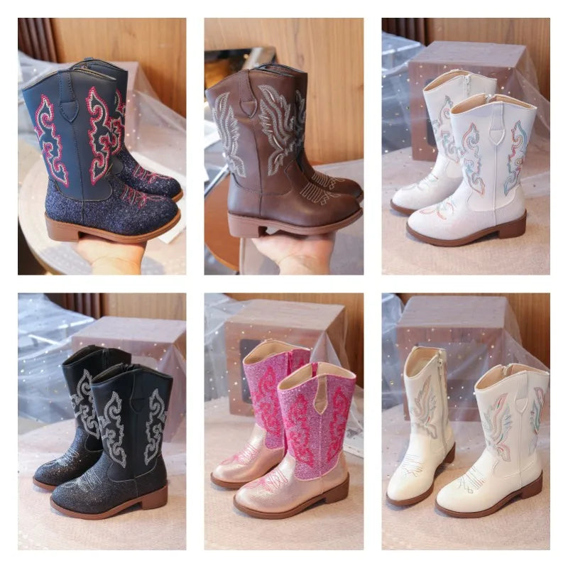 A 6-panel collage showing six pairs of western-style cowboy boots in different colors and embellishments, including navy with pink embroidery, brown with silver embroidery, white with blue embroidery, black with silver embroidery, pink with silver embroidery, and cream with blue embroidery. @ ghoddosh.com