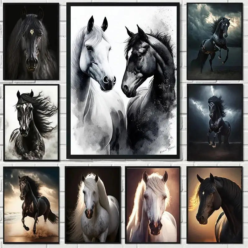 Dynamic Black and White Running Horses Canvas Wall Art
