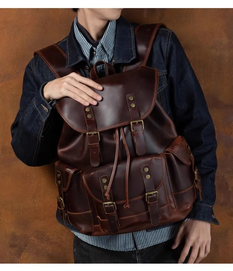 Vintage Horse Genuine Leather Backpack for Men, Large Capacity Travel Daypack, Fits 15-inch Laptop @ ghoddosh.com