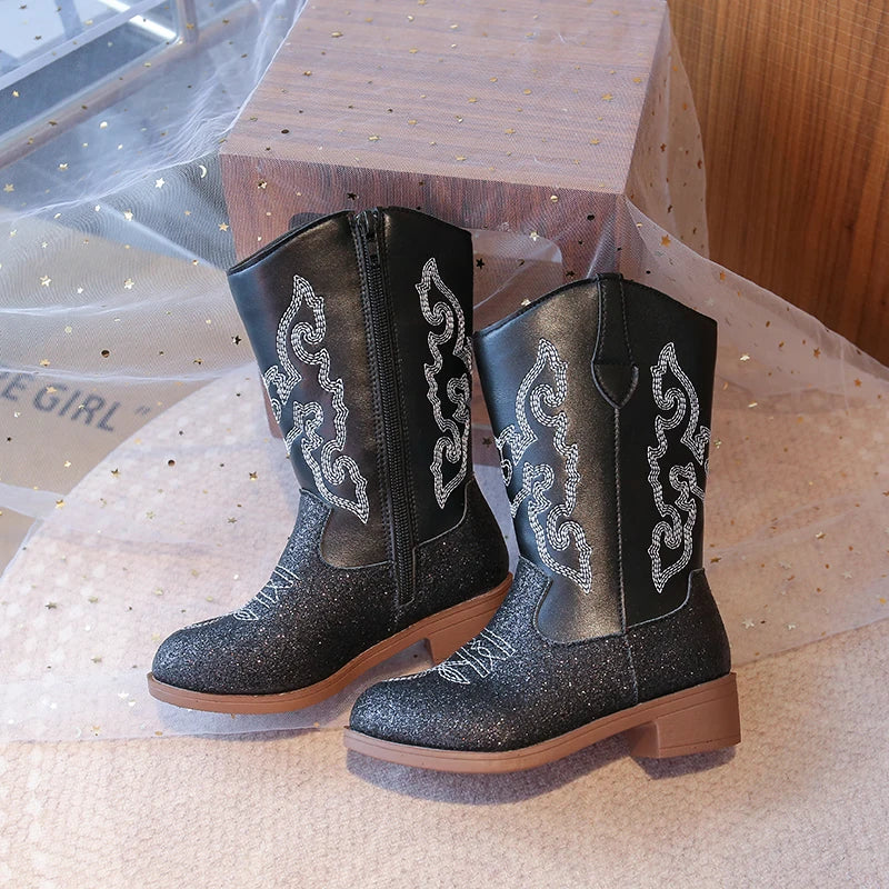 Kids Embroidered Western Cowboy Boots – Unisex Tall Pull-On Cowgirl Boots for Boys and Girls @ ghoddosh.com