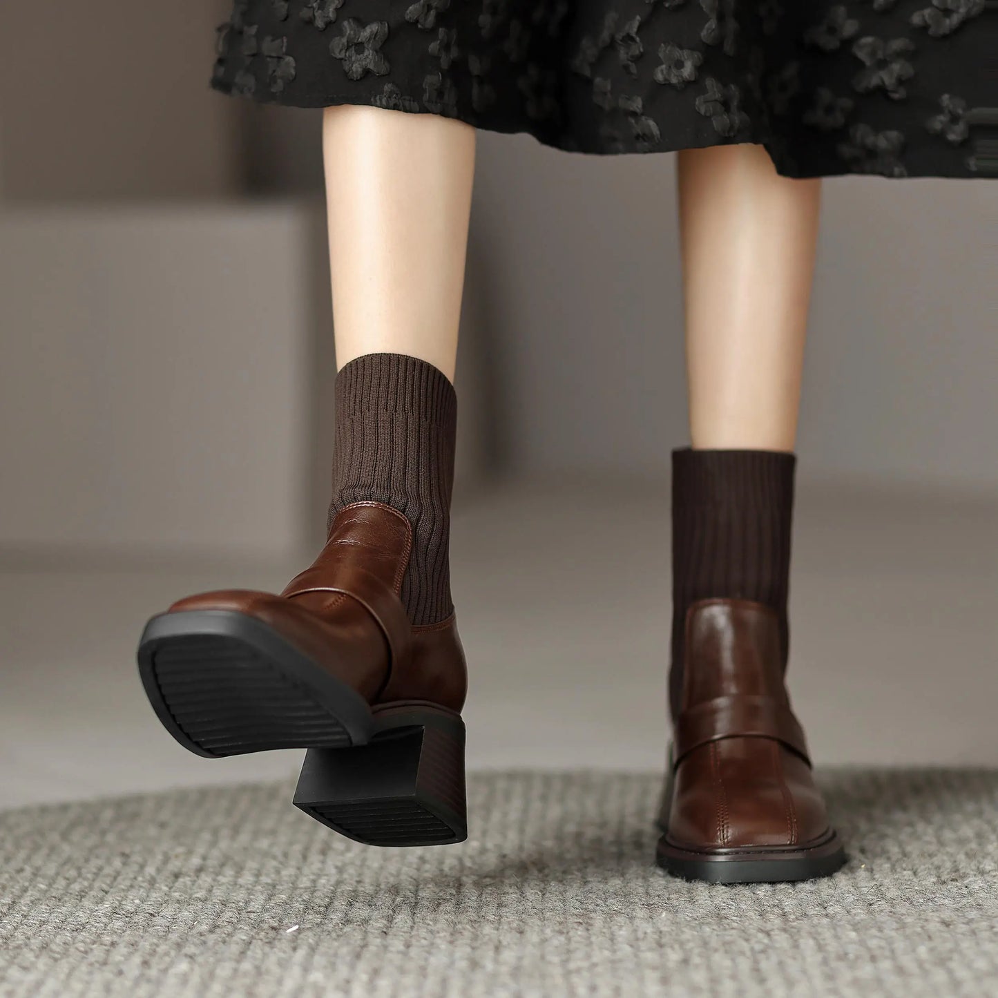 Retro Cow Split Leather Chelsea Boots — Square Toe, Platform Block Heel - Ghoddosh