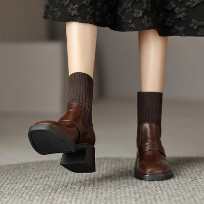 Retro Cow Split Leather Chelsea Boots — Square Toe, Platform Block Heel - Ghoddosh
