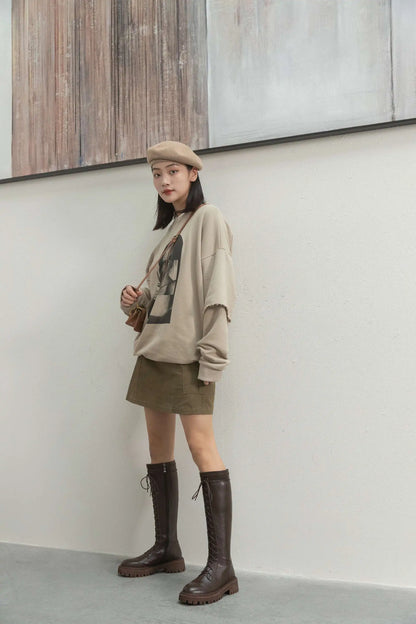 Genuine Leather Round Toe High Heel Riding Boots / Cross-tied Vintage Gladiator Lady Casual Platform Knee-high Boots .Ghoddosh

