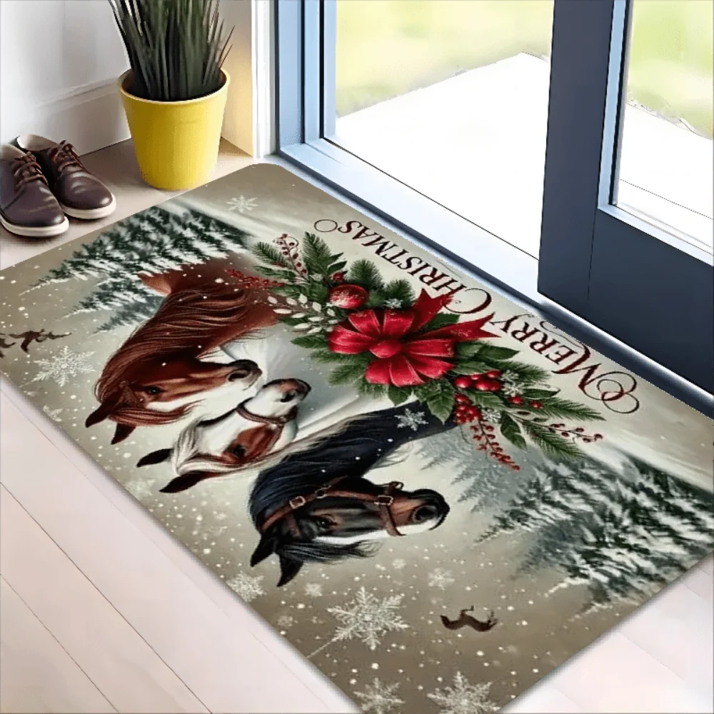 Christmas Horse Flower Pattern Floor Mat,  Non-Slip & Dirt-Proof Warm Carpet @ghoddosh.com