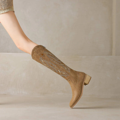 Cow Leather Embroider High Heels Modern Western Boots - Ghoddosh